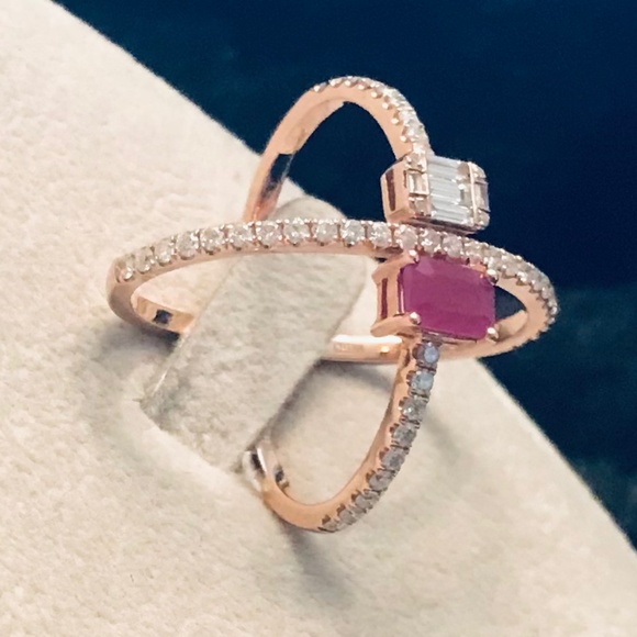 14K Rose Gold Genuine Diamond & Ruby X Ring - Picture 12 of 13